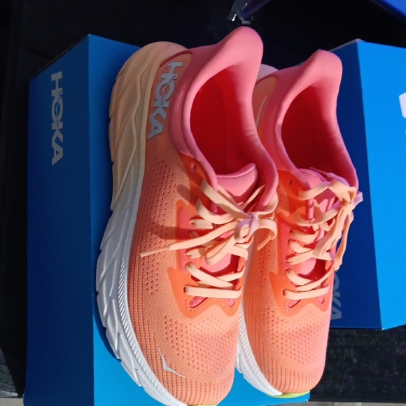 Hoka Women's Light Gray and Coral Athletic Shoes - Picture 3 of 4
